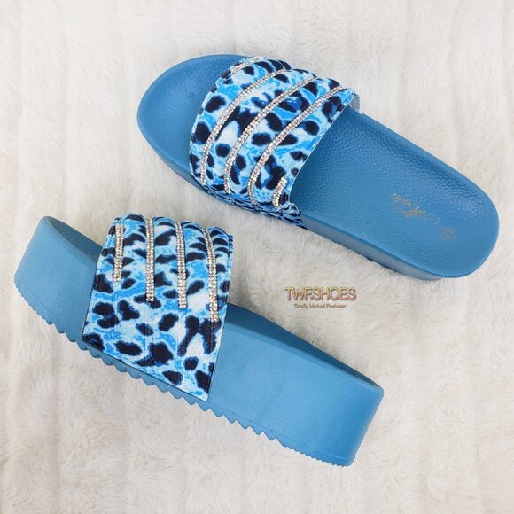 Beach Day Blue Leopard Slip on Platform Sandals Rhinestone Details - Picture 3 of 12